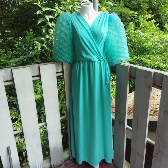 Vintage 60s 1970s Cottage Retro Glam Puff Sleeve Maxi Dress - Picture 2 of 14